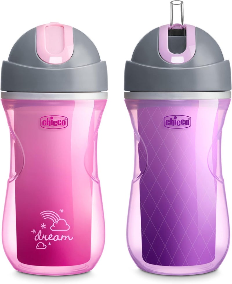 Chicco Flip-Top Straw Cup 9oz | Insulated Toddler Sippy Cup with Soft Silicone Straw | No-Spill Valve | Easy-Clean | BPA-Free | 2pk | For Ages 12+ Months | Dream Pink/Purple - Image 1